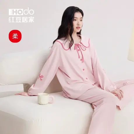 红豆居家女士长袖柔棉睡衣少女可爱娃娃领春秋款可外穿家居服套装图片