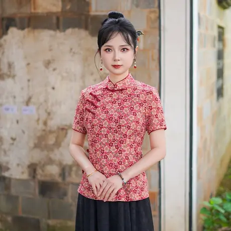 筠雅夏季新款中式立领改良唐装上衣复古气质国风斜襟短袖女25J155商品大图
