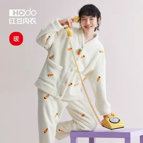 红豆暖暖绒女士睡衣可爱珊瑚绒居家休闲可外穿冬季保暖家居服套装商品大图