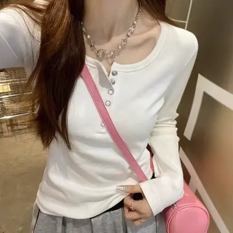 洋气减龄长袖T恤女2023秋季新款修身显瘦韩版内搭打底衫上衣体恤商品大图