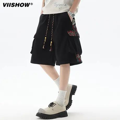 VIISHOW新中式刺绣短裤男夏季宽松休闲国潮中裤潮牌运动5五分裤子商品大图