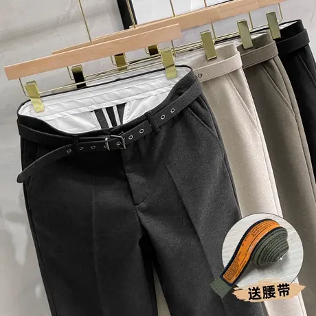附腰带毛呢裤子男秋冬季直筒长裤秋冬款小西裤小脚垂感高端休闲裤商品大图