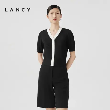 LANCY/朗姿2024夏季新款简约v领小香风短袖针织开衫撞色短上衣女图片