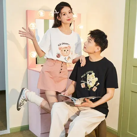 唐狮夏季新款情侣装短袖T恤卡通可爱男女套头衫休闲白色打底G商品大图