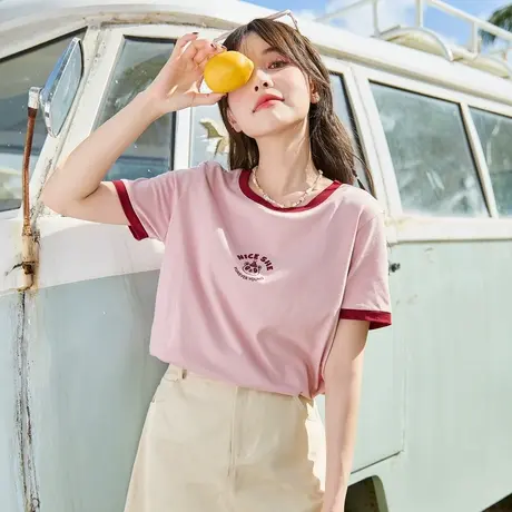 唐狮短袖女T恤纯棉夏季新款白色内搭打底衫女圆领宽松上衣打底衫商品大图