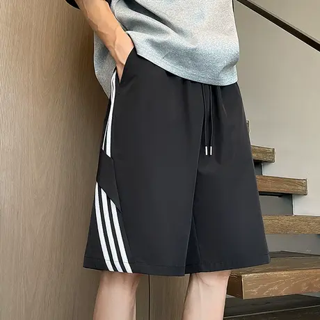 短裤男夏季薄款2025新款休闲宽松直筒冰丝裤速干运动条纹五分裤子图片