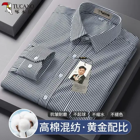 啄木鸟2025新款蓝色条纹衬衣休闲爸爸装正装春夏出行上衣免烫衬衫图片