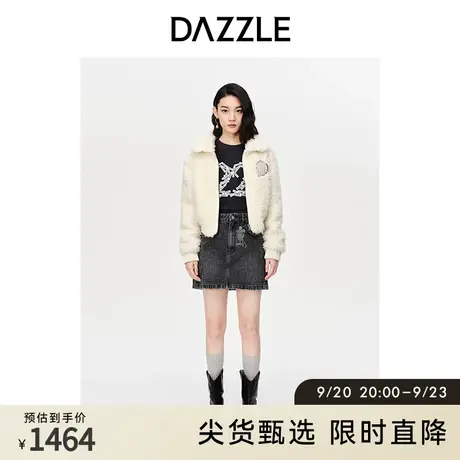 DAZZLE地素奥莱白色休闲羊毛绒翻毛领短款毛呢外套毛绒外套女图片