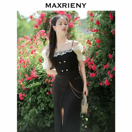 【奥莱】MAXRIENY侧开叉蕾丝一步裙黑色半身短裙图片
