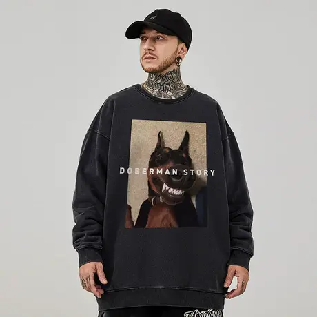 oversize美式圆领卫衣男潮牌重磅大码男装春秋季加绒复古做旧冬季商品大图