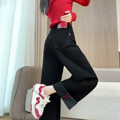 黑色加绒阔腿牛仔裤女2025秋冬新款高腰显瘦加厚宽松垂感直筒长裤图片