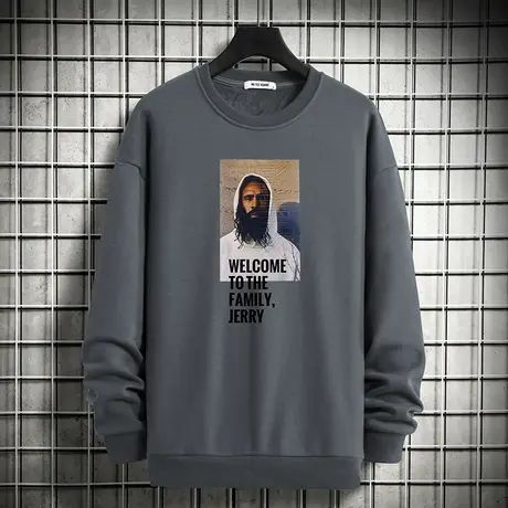 灰色卫衣男秋冬款加绒宽松潮流百搭圆领长袖t恤摇粒绒套头无帽衫图片