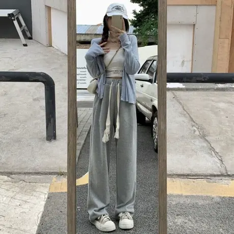 高腰垂感直筒阔腿裤女春秋宽松显瘦复古chic港味抽绳运动休闲裤潮商品大图