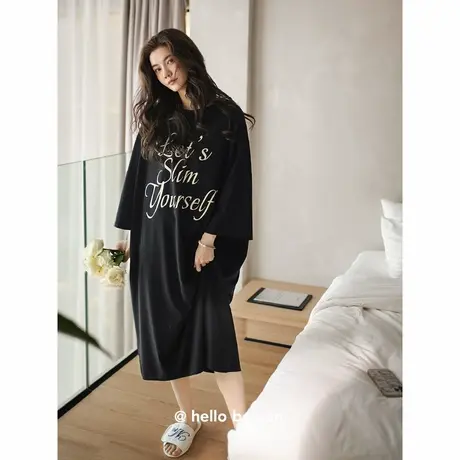 贝妍睡裙女春秋高级感八分袖莫代尔棉黑色睡衣休闲大码外穿连衣裙商品大图