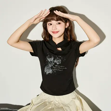 唐狮新中式修身短袖T恤女2024新款黑色立领上衣女复古小众小衫sz商品大图