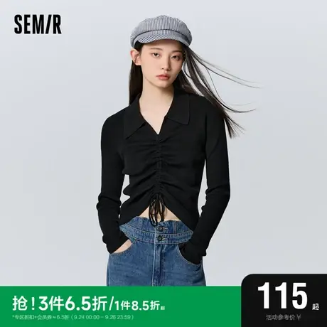森马毛衣女短款polo领纯色修身显瘦冬季性感小心机抽绳套头衫法式图片