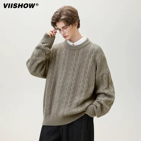 VIISHOW美式休闲绞花设计圆领毛衣秋冬针织衫冬季休闲宽松毛衫男商品大图