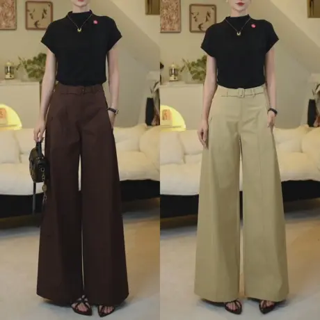 拉夏贝尔高腰阔腿裤女2025新款秋季气质显瘦垂感大码宽松直筒裤子图片