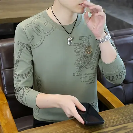 2025秋冬新款男士长袖T恤打底衫潮流时尚印花男装卫衣上衣服小衫商品大图