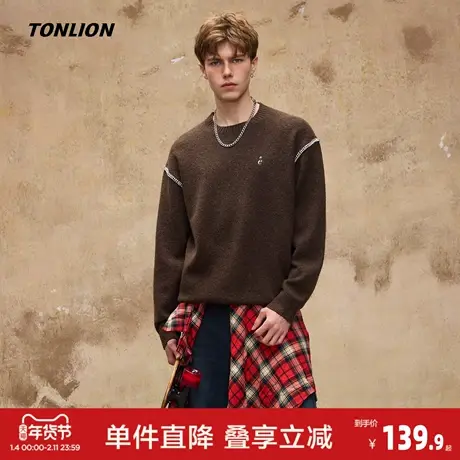 唐狮2026秋季毛衣男圆领套头黑色撞色时尚宽松潮流毛线衫休闲上衣商品大图