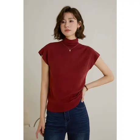 弥古红色高领修身上衣女t恤短袖2023新款早秋气质显瘦针织衫打底图片