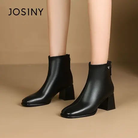 卓诗尼时装靴高跟粗跟方头短筒靴后拉链短靴女新款秋冬马丁靴瘦瘦图片