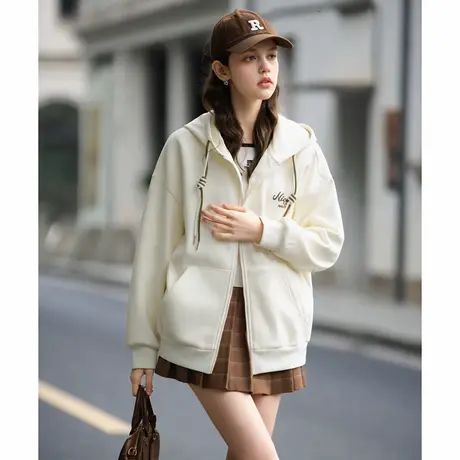 唐狮春秋女连帽左胸印花字母开衫卫衣外套宽松百搭休闲日常TD图片