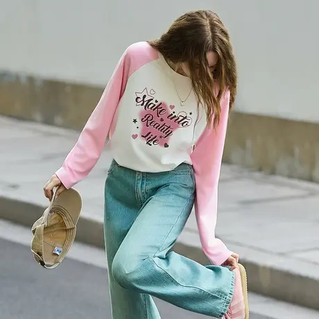 唐狮秋季新款长袖T恤女字母星星印花撞色插肩袖美式复古上衣TM商品大图