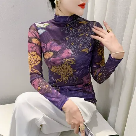 撞色扎染印花T恤女长袖性感网纱半高领上衣洋气修身修身百搭上衣商品大图