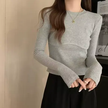 小个子短款德绒长袖T恤女秋冬韩版修身显瘦内搭加绒打底衫上衣潮商品大图