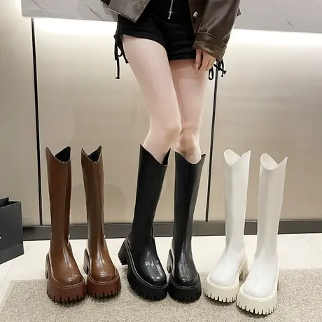厚底长筒靴女2023年春秋季新款法式复古百搭瘦瘦靴粗跟高跟骑士靴图片