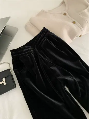 高级感丝绒阔腿裤重磅加绒垂感直筒休闲裤女23秋冬保暖慵懒拖地裤商品大图