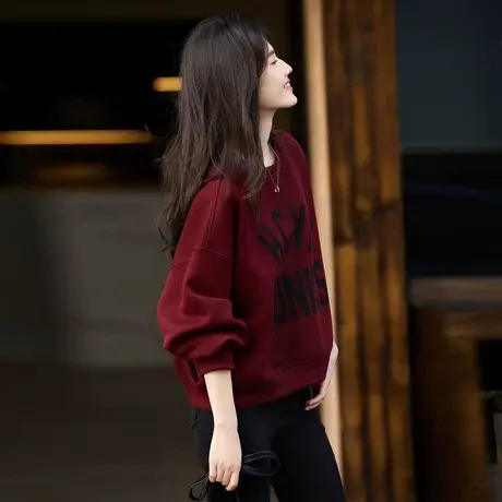 时尚休闲卫衣2023年秋冬款女百搭宽松通勤显龄短款圆领套头上衣商品大图