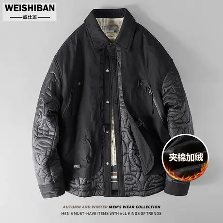 潮牌设计感假两件时尚保暖棉衣男外套高级感重工休闲衬衫领棉服男商品大图