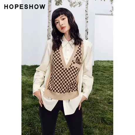 红袖outlets格纹拼接套头针织衫hopeshow2023秋个性休闲马甲毛衣商品大图