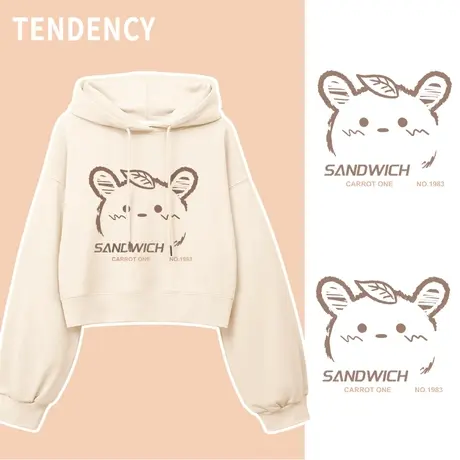 ZR真维斯女卫衣2023新款春秋季奶杏少女感短款学院风连帽外套卫衣商品大图