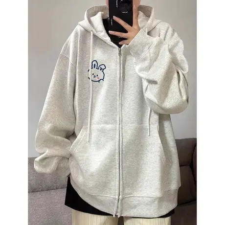 拉链开衫长袖卫衣女2023新款加绒加厚秋冬装百搭宽松带帽衫上衣潮图片