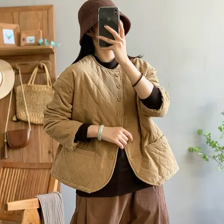 dza 复古宽松圆领菱格棉衣外套女冬保暖棉袄上衣休闲漂亮口袋棉服商品大图