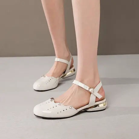 断码清仓夏季新款百搭低跟一字扣带镂空单鞋圆头漆皮鞋子女凉鞋商品大图