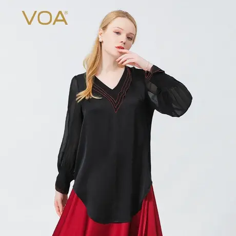 VOA真丝双面缎40姆米重磅黑色V领对丝褶皱拼接花瓣袖桑蚕丝T恤图片