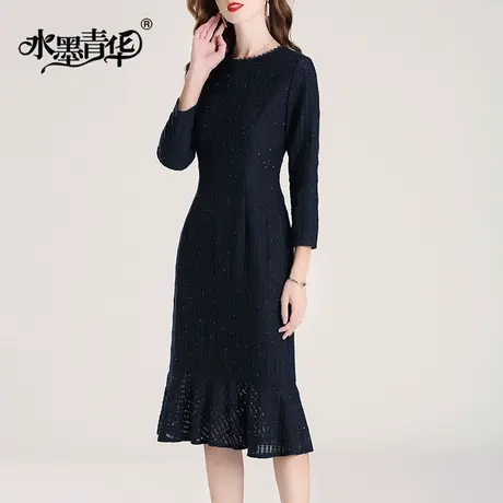 水墨青华连身裙春装新款连衣裙百搭打底裙中长款修身蕾丝裙图片