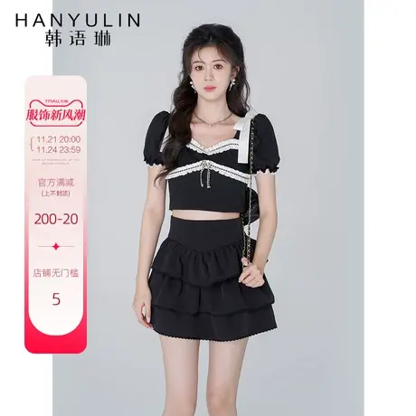 韩语琳黑色短袖T恤女夏季短款蕾丝上衣设计感今年流行漂亮套装裙图片