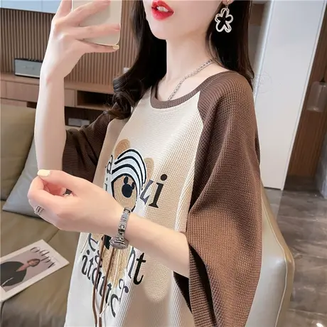 小众设计感短袖t恤女夏季韩版宽松大码女装中长款撞色华夫格上衣商品大图