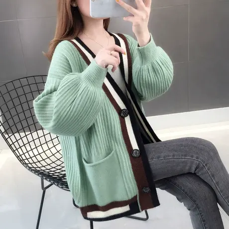 韩版灯笼袖针织开衫外套女装秋冬新款洋气拼色慵懒风外穿毛衣商品大图