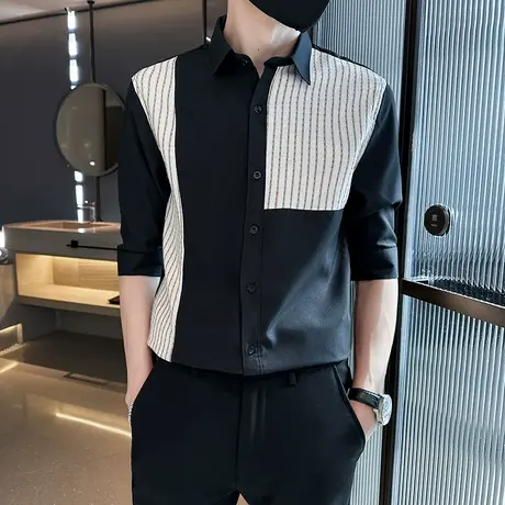 短袖衬衫男夏季时尚条纹拼接设计感潮男修身个性发型师中袖衬衣商品大图