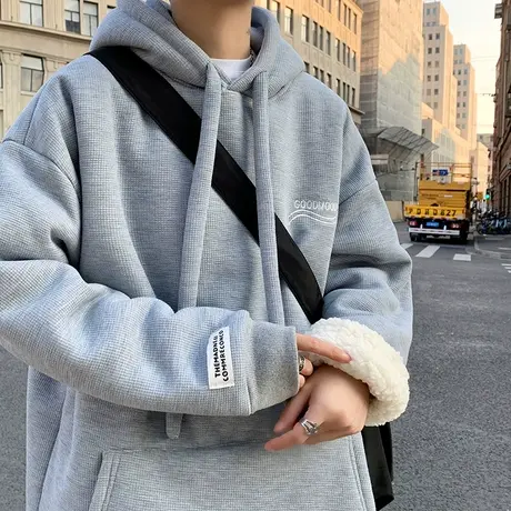 加绒连帽卫衣男春秋季潮牌ins御寒加厚保暖帽衫外套港风休闲上衣商品大图