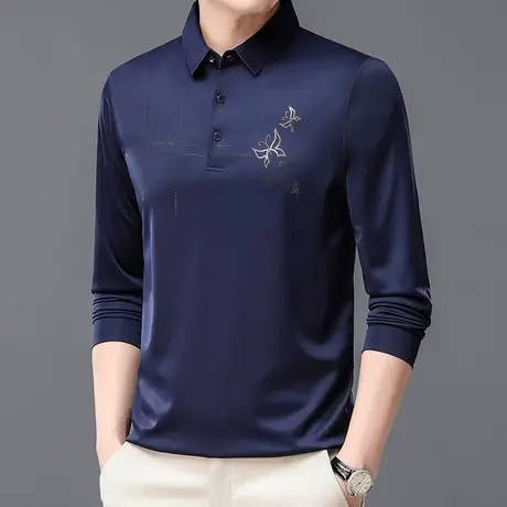 翻领Polo衫男士长袖t恤印花冰丝体恤时尚休闲中老年爸爸装上衣潮商品大图