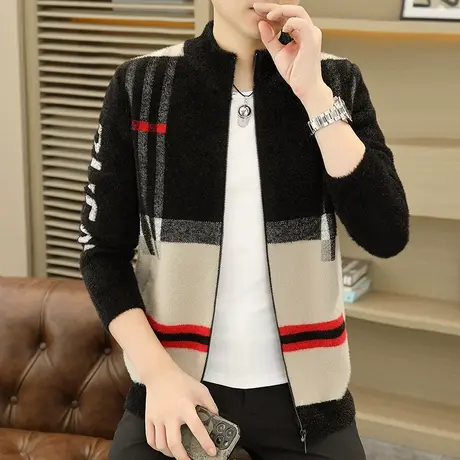 立领开衫针织衫男士毛衣秋冬季潮流拉链青年加厚条纹水貂绒毛线衣商品大图