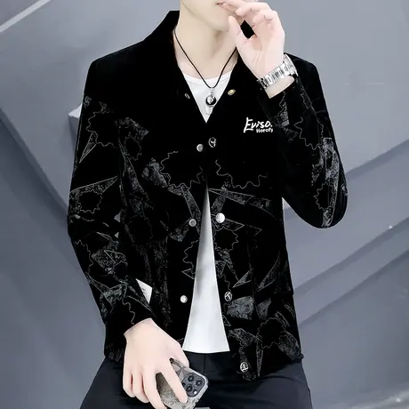 外套男士潮牌刺绣短款风衣春季痞帅高端男装设计感拼接灯芯绒夹克商品大图