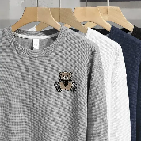 华夫格卫衣男小熊长袖t恤春秋款圆领无帽秋季宽松加绒加厚套头衫商品大图